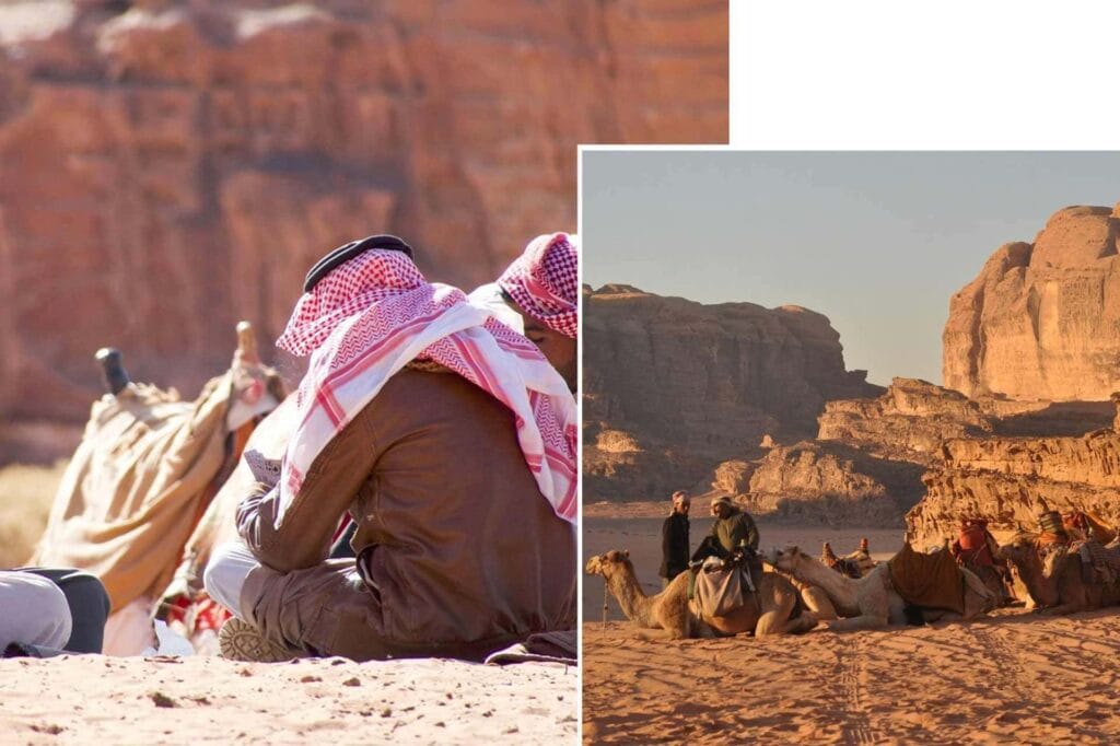 Beduini w Wadi Rum odpoczywający z wielbłądami, Jordania