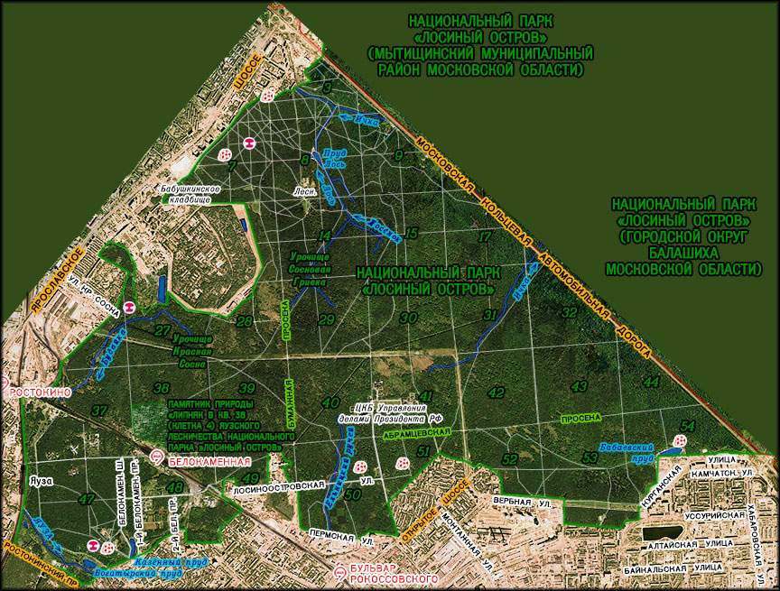 Mapa geograficzna Parku Narodowego Łosinyj Ostrow w Rosji