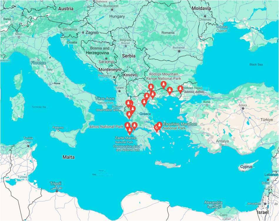Mapa przedstawiająca położenie geograficzne parków narodowych w Grecji