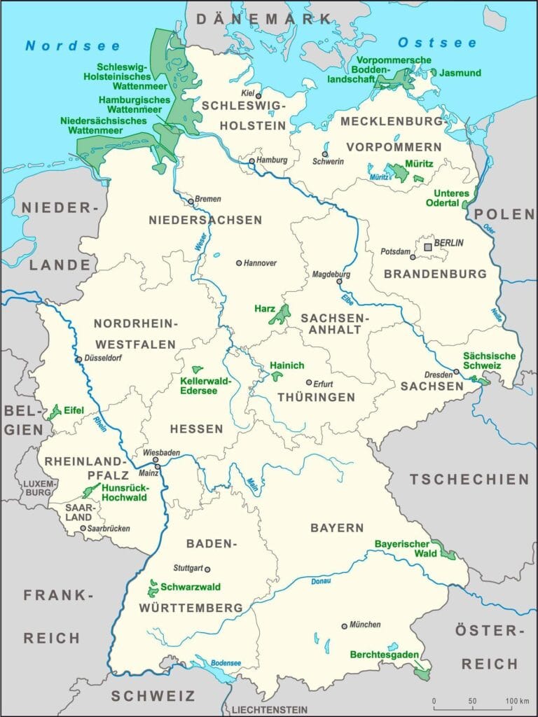 Mapa pokazująca lokalizację parków narodowych w Niemczech