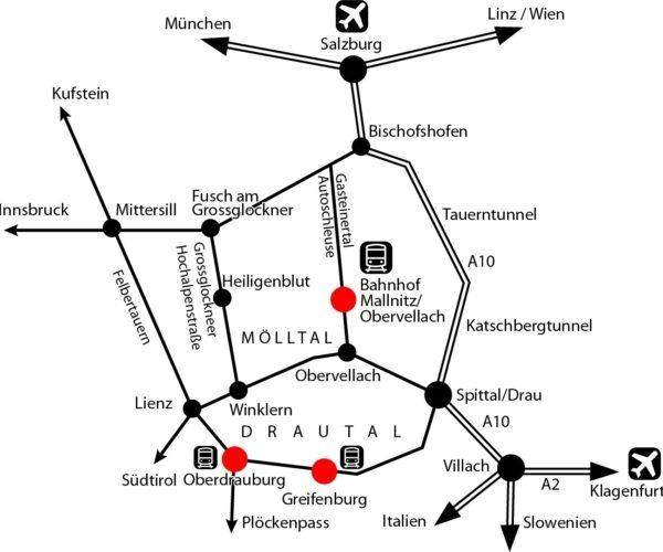 Mapa transportowa Parku Narodowego Hohe Tauern, Austria