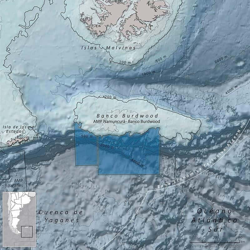 Mapa geograficzna Morskiego Obszaru Chronionego Namuncurá – Banco Burdwood w Argentynie