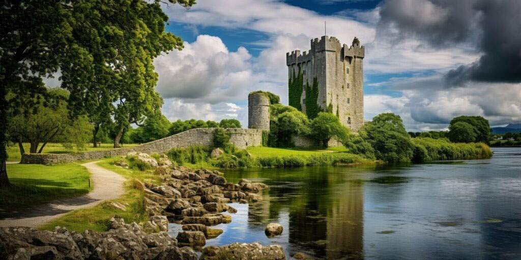 Panorama Ross Castle (Ross Castle po angielsku, Caisleán an Rois po gaelicku), położonego nad brzegiem Lough Leane w Parku Narodowym Killarney, Irlandia.